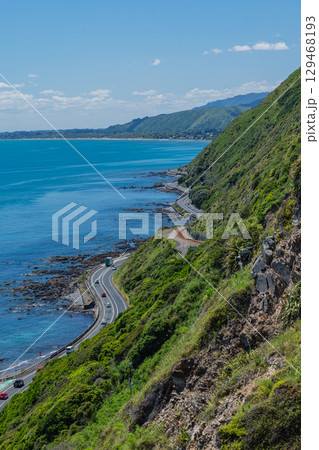 ニュージーランド　パエカカリキ・エスカープメント・トラックから見える風景とタスマン海 129468193