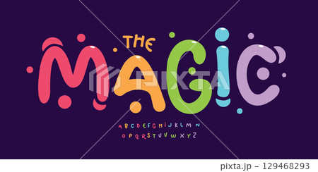 Playful bubble font, colorful rounded letters, candy cartoon alphabet, joyful handdrawn typeface, funky kids branding typography, sweet typographic design. Vector typeset 129468293