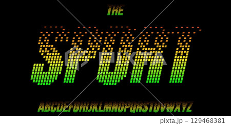 Equalizer pixel font, bold gradient alphabet, digital dynamic letters, EDM gaming typeface for sport logo, music headline, modern typography, cyber motion typographic design. Vector typeset. Equalizer pixel font, bold gradient alphabet, digital dynamic letters, EDM gaming typeface for sport logo, music headline, modern typography, cyber motion typographic design. Vector typeset. 129468381