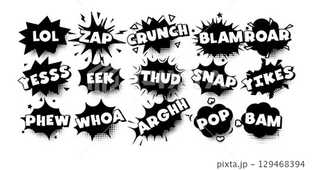 Comic fun meme sticker, speech bubble, pop art shout, retro exclamations. Black white sound effects for comics, branding, jokes, design elements. Vector illustration 129468394