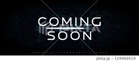 Futuristic Coming Soon Text with Glowing Light Effect on Dark Background, Perfect for Tech Projects, Websites, or Trailers. Stylish Modern Typography. Vector Illustration. Futuristic Coming Soon Text with Glowing Light Effect on Dark Background, Perfect for Tech Projects, Websites, or Trailers. Stylish Modern Typography. Vector Illustration. 129468419