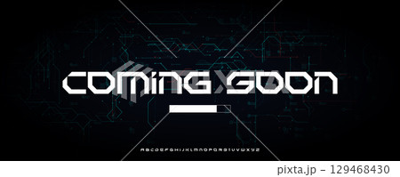 Techno Coming Soon Typography with Digital Loading Bar and Circuit Board Background, Ideal for Movie Intros, Forums, Fests, or Conference Promos. Futuristic Alphabet. Vector Illustration. Techno Coming Soon Typography with Digital Loading Bar and Circuit Board Background, Ideal for Movie Intros, Forums, Fests, or Conference Promos. Futuristic Alphabet. Vector Illustration. 129468430