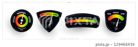 Cyber Security Protection Meter Level Set Icon, Hacker Attack Risc Measure Rate. Hack danger indicator, fishing measuring for data, web, hosting, networking service technology. Vector illustration. 129468439