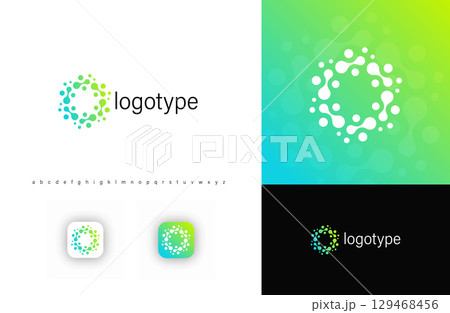 Round molecular logo forming circular fusion dots structure, symbolizing science, innovation, connectivity. Ideal for biotech firms, AI research, digital startups. Modern vector logo 129468456