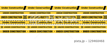 Under construction yellow warning tape safety stripe. Caution barrier stripe for safety zone, blocked area, website page, road work, site maintenance, redesign progress. Vector illustration. 129468468