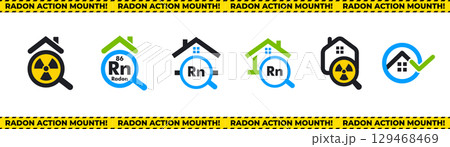 Radon Awareness Icon Set With Houses, Radiation Symbols, Magnifying Glasses, And Safety Checks For National Radon Action Month Campaigns. Vector Illustration 129468469