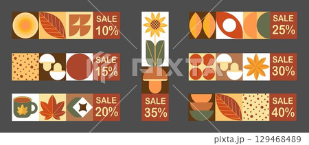 Autumn set of simple sale banners in Bauhaus style. Set of autumn price tags and discount labels. Geometric abstract fall flyer labels template with scandinavian mosaic. 129468489