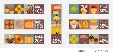 Autumn set of simple sale banners in Bauhaus style. Set of autumn price tags and discount labels. Geometric abstract fall flyer labels template with scandinavian mosaic. Autumn set of simple sale banners in Bauhaus style. Set of autumn price tags and discount labels. Geometric abstract fall flyer labels template with scandinavian mosaic. 129468491