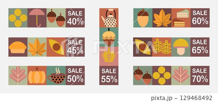 Autumn set of simple sale banners in Bauhaus style. Set of autumn price tags and discount labels. Geometric abstract fall flyer labels template with scandinavian mosaic. 129468492