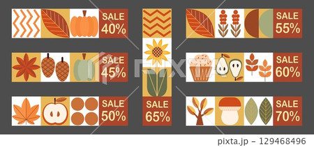 Autumn set of simple sale banners in Bauhaus style. Set of autumn price tags and discount labels. Geometric abstract fall flyer labels template with scandinavian mosaic. 129468496