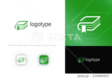 Minimalist book logo with abstract green lines and bookmark. Modern education and knowledge symbol for schools, universities, publishing, digital learning platforms. Vector logo 129468507