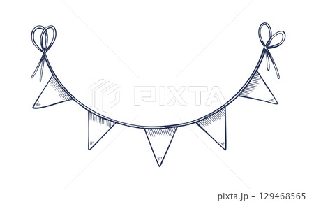Vector illustration of bunting with triangle flags and bows in hand drawn etched style. Linear drawing of Garland or Pennants painted by inks for party design or party decorations. 129468565