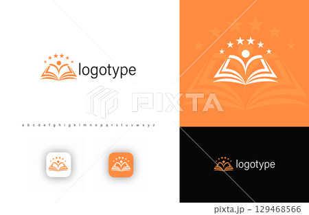 Educational logo featuring an open book, human figure, and stars, symbolizing knowledge, success, and learning. Ideal for schools, universities, and academic institutions. Modern vector logo 129468566