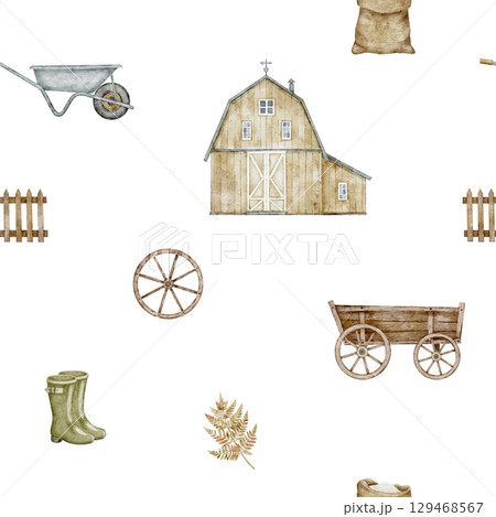 Seamless watercolor rustic Pattern with barn, carts, and harvest tools. Autumn background with rustic scenery for fall packaging or wrapping paper. Ornament for harvest design on isolated backdrop. 129468567