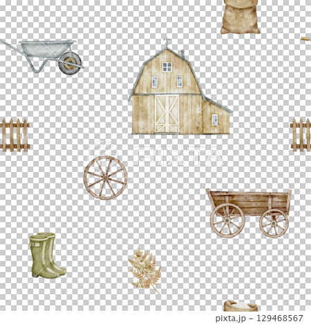 Seamless watercolor rustic Pattern with barn, carts, and harvest tools. Autumn background with rustic scenery for fall packaging or wrapping paper. Ornament for harvest design on isolated backdrop. 129468567
