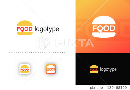 Minimalist burger logo with food pin icon, symbolizing fast food and delivery services. Ideal for restaurants, food apps, cafes, takeaway businesses. Vector logo 129468590