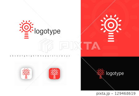 Linear lighthouse logo with circular energy rays, symbolizing creativity, innovation, bright ideas. Ideal for startups, technology firms, education, brainstorming platforms. Vector logo 129468619