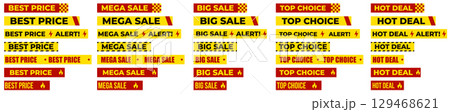 Best Price, Mega Sale, Big Sale, Top Choice And Hot Deal Labels In Red And Yellow Warning Style For Promotion, Marketing, Advertising, Discount, Shopping Banner Design. Vector Illustration. 129468621