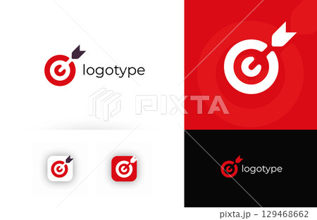 Target logo with arrow hitting center, symbolizing precision, success, goal achievement. Ideal for marketing, business strategy, consulting, branding, leadership coaching. Vector logo concept 129468662