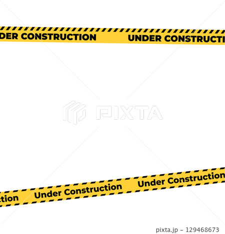 Under construction yellow warning tape safety stripe. Caution barrier stripe for safety zone, blocked area, website page, road work, site maintenance, redesign progress. Vector illustration. 129468673