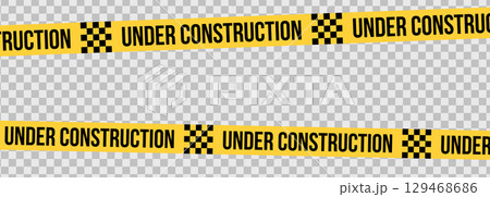 Under construction yellow warning tape safety stripe. Caution barrier stripe for safety zone, blocked area, website page, road work, site maintenance, redesign progress. Vector illustration. 129468686