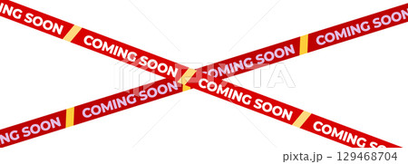 Coming Soon Red Banner Tape Stripe for shop opening, sale launch, retail notice, store ad, campaign teaser, product arrival, marketing layout. Product promotional clearance. Vector Illustration. Coming Soon Red Banner Tape Stripe for shop opening, sale launch, retail notice, store ad, campaign teaser, product arrival, marketing layout. Product promotional clearance. Vector Illustration. 129468704