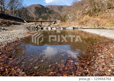 冬の群馬県 川辺の澄んだ水たまりと落ち葉の風景 冬の群馬県 川辺の澄んだ水たまりと落ち葉の風景 129468768