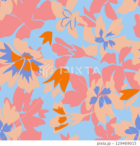 Simple floral seamless pattern. Meadow plants, leaves, leaf and large buds flowers. Botanical collage in modern flat style. Vector illustration. 129469015