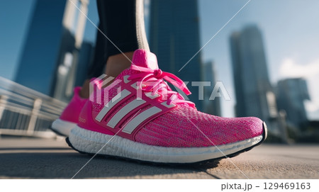 Stylish pink athletic shoes highlighted during outdoor exercise in urban setting 129469163