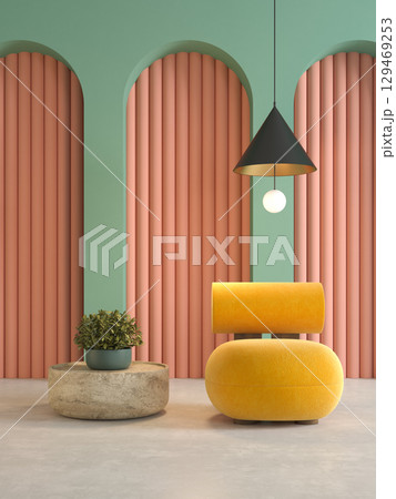 Memphis style conceptual dopamine interior room 3d illustration 129469253