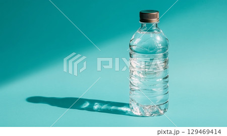 Clear plastic water bottle filled with fresh water, standing upright on a vibrant turquoise background Clear plastic water bottle filled with fresh water, standing upright on a vibrant turquoise background 129469414
