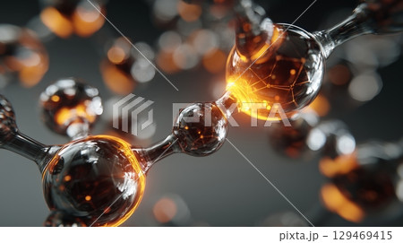 Molecular structure glowing in dark space with vibrant highlights illuminating connections and pathways of atoms Molecular structure glowing in dark space with vibrant highlights illuminating connections and pathways of atoms 129469415