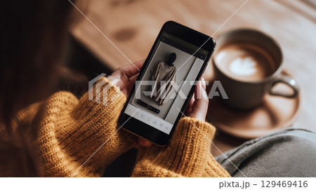 Individual holding smartphone displaying fashion item, cozy atmosphere with warm sweater, wooden table Individual holding smartphone displaying fashion item, cozy atmosphere with warm sweater, wooden table 129469416