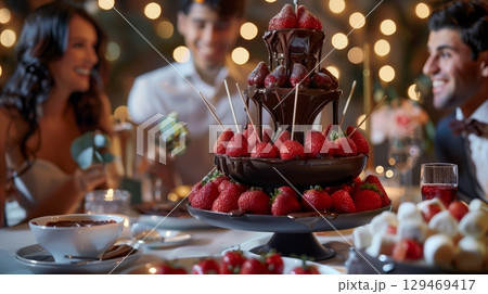Chocolate fountain centerpiece surrounded by fresh strawberries and desserts, with joyful guests enjoying a festive celebration in a beautifully decorated setting Chocolate fountain centerpiece surrounded by fresh strawberries and desserts, with joyful guests enjoying a festive celebration in a beautifully decorated setting 129469417