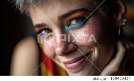 Colorful portrait of a young non-binary person with vibrant makeup and casual pose in a cozy indoor setting 129469424