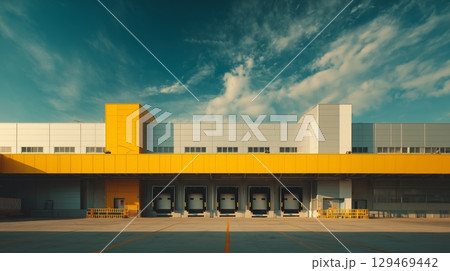 cargo. Industrial warehouse exterior featuring loading docks, bright yellow accents, and a clear blue sky cargo. Industrial warehouse exterior featuring loading docks, bright yellow accents, and a clear blue sky 129469442