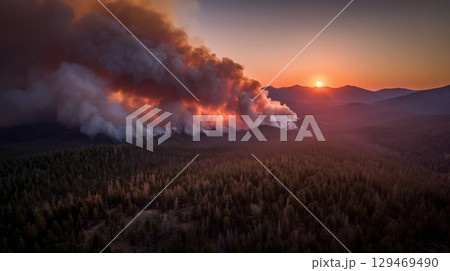 Forest fires rage across distant mountains at sunset, illuminating smoke-filled skies in a dramatic display of nature's fury 129469490