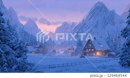 Snowy mountain village at twilight with cozy cabins and a serene atmosphere during winter season 129469544