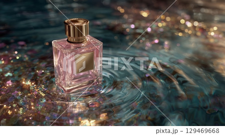 Elegant perfume bottle with a golden cap is floating on shimmering water, surrounded by colorful glitter, creating a luxurious 129469668