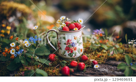 Charming Swedish midsummer setup with flowers and fresh strawberries in a serene meadow Charming Swedish midsummer setup with flowers and fresh strawberries in a serene meadow 129469691