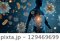 Human silhouette with glowing stomach and brain connection surrounded by microscopic gut bacteria 129469699