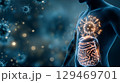 Human silhouette with glowing stomach brain connection and gut bacteria in a dark environment 129469701