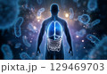 Exploring the connection between gut bacteria and brain function through human silhouette and glowing stomach imagery 129469703