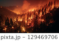 Wildfire engulfing forest landscape at night, with flames illuminating trees and smoke rising 129469706
