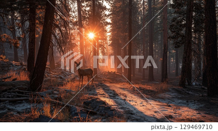 Majestic deer standing on a forest path illuminated by golden sunlight filtering through tall trees 129469710
