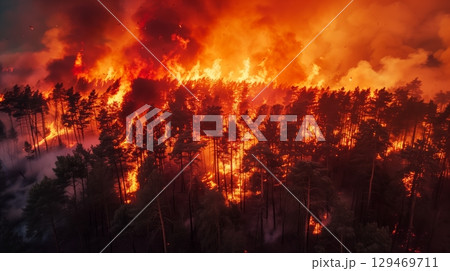 Forest engulfed in flames during wildfire, showcasing intense fire and smoke, highlighting the devastating impact 129469711