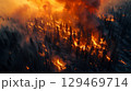 Aerial view of raging wildfire engulfing forested area, with flames and smoke creating dramatic contrast against the sky 129469714
