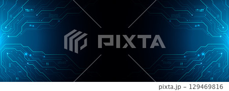 Circuit blue board texture on black technology web banner background.  129469816