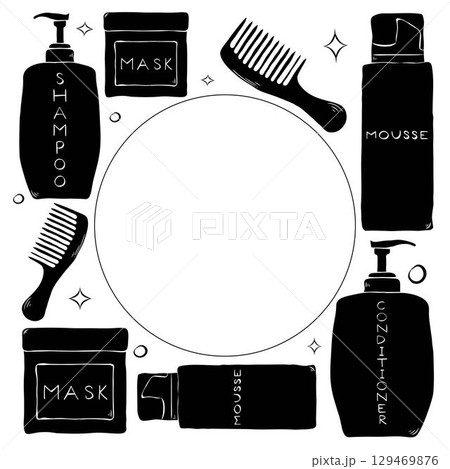 Hair treatment square frame. Vector graphic line ink template illustration. Place for your text, logo. Comb, shampoo, conditioner, mask bottle. Beauty and fashion concept Hair treatment square frame. Vector graphic line ink template illustration. Place for your text, logo. Comb, shampoo, conditioner, mask bottle. Beauty and fashion concept 129469876