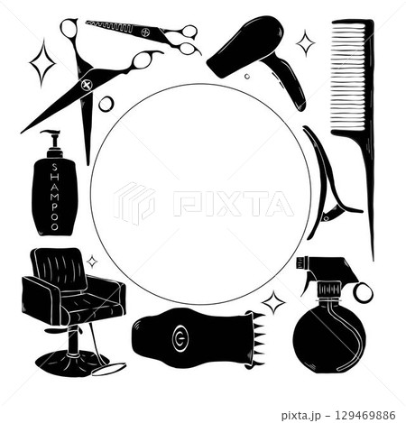 Vintage Retro Barbershop tools square frame. Vector graphic line ink template illustration. Place for your text, logo design for fashion graphics, textile prints, fabrics, wallpapers. Vintage Retro Barbershop tools square frame. Vector graphic line ink template illustration. Place for your text, logo design for fashion graphics, textile prints, fabrics, wallpapers. 129469886